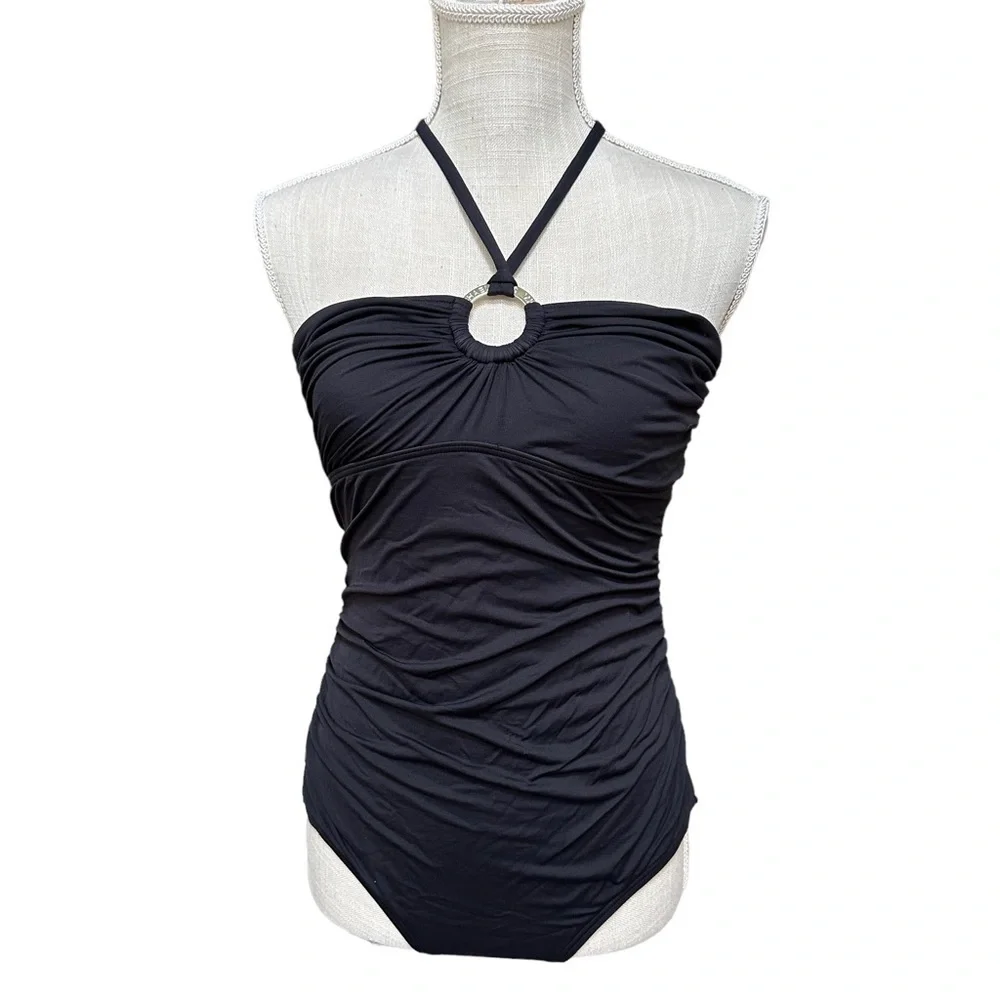 Michael Kors‎ Michael Halter Logo Ring One Piece Swimsuit in Black Size: 10